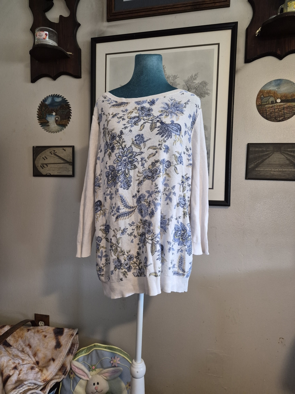 ​Chaps Blue Floral Vintage China Pattern Linen Blend Sweater 2X